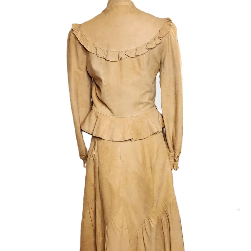 Vtg 70's PIONEER WEAR fit 8 Tan Suede Leather Ruffle Jacket & Skirt Western Boho - Picture 5 of 16
